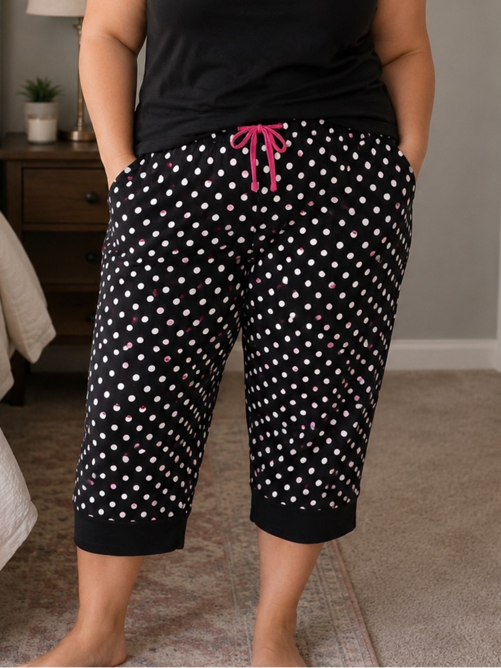 Deesse Black Polka Dot Pajama Lounge Capris 4X Pink Skull Print